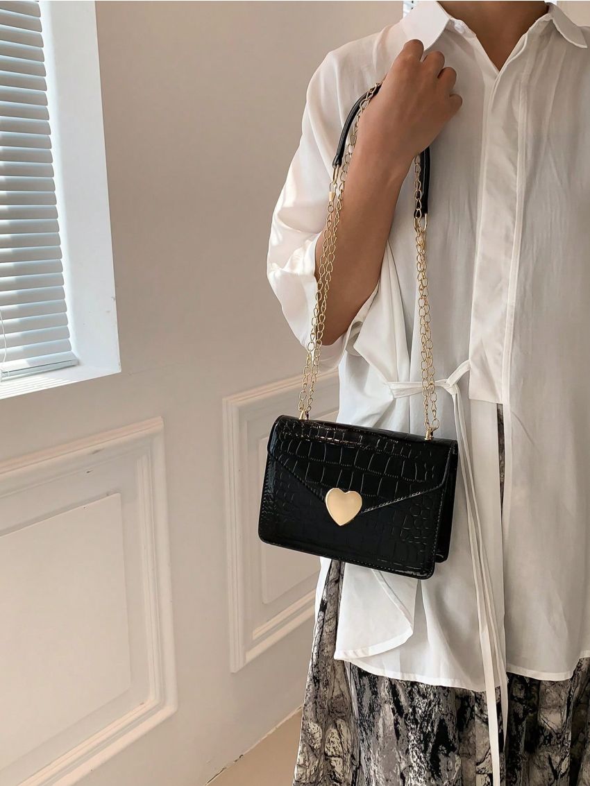 Mini Square Bag Crocodile Embossed Heart Decor PU