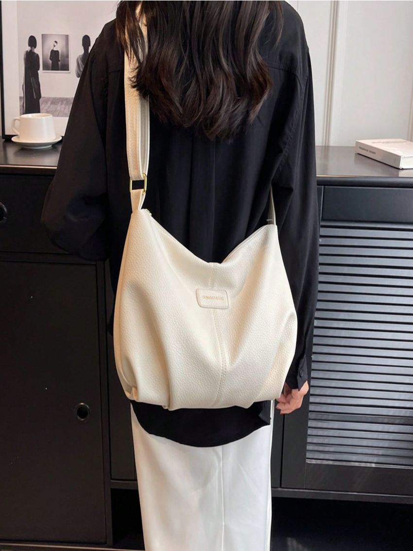 Large Hobo Bag Litchi Embossed Letter Patch Decor