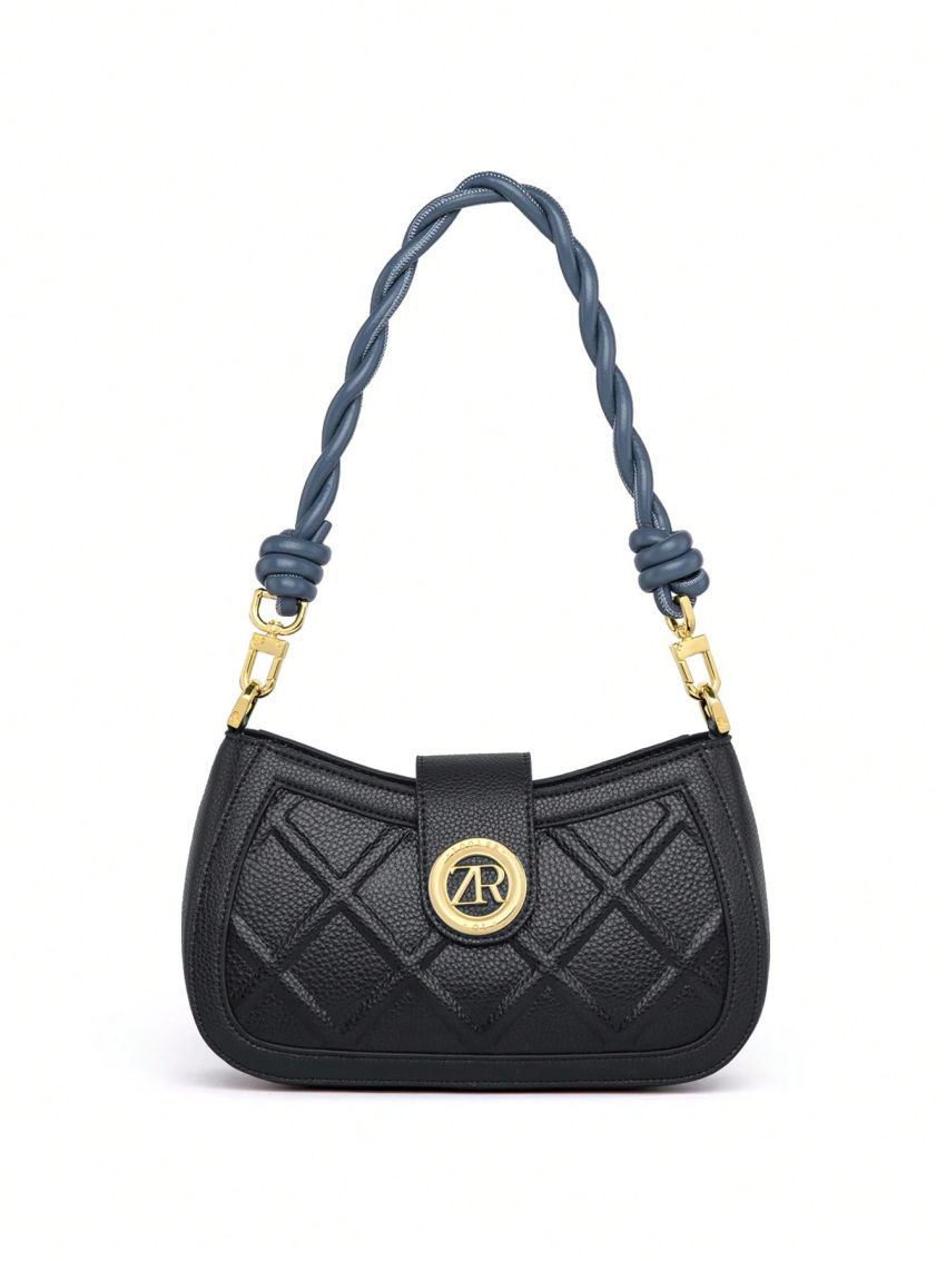 Genuine Leather Small Hobo Bag Embossed Detail Letter Decor Black