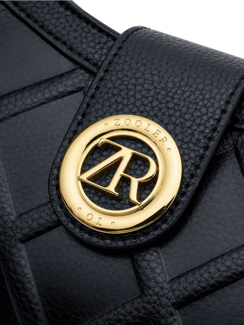 Genuine Leather Small Hobo Bag Embossed Detail Letter Decor Black