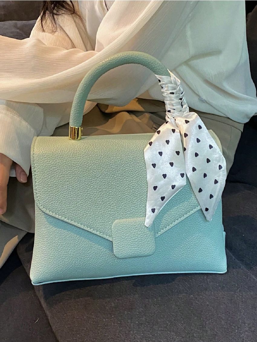 Small Flap Square Bag Litchi Embossed Twilly Scarf Decor