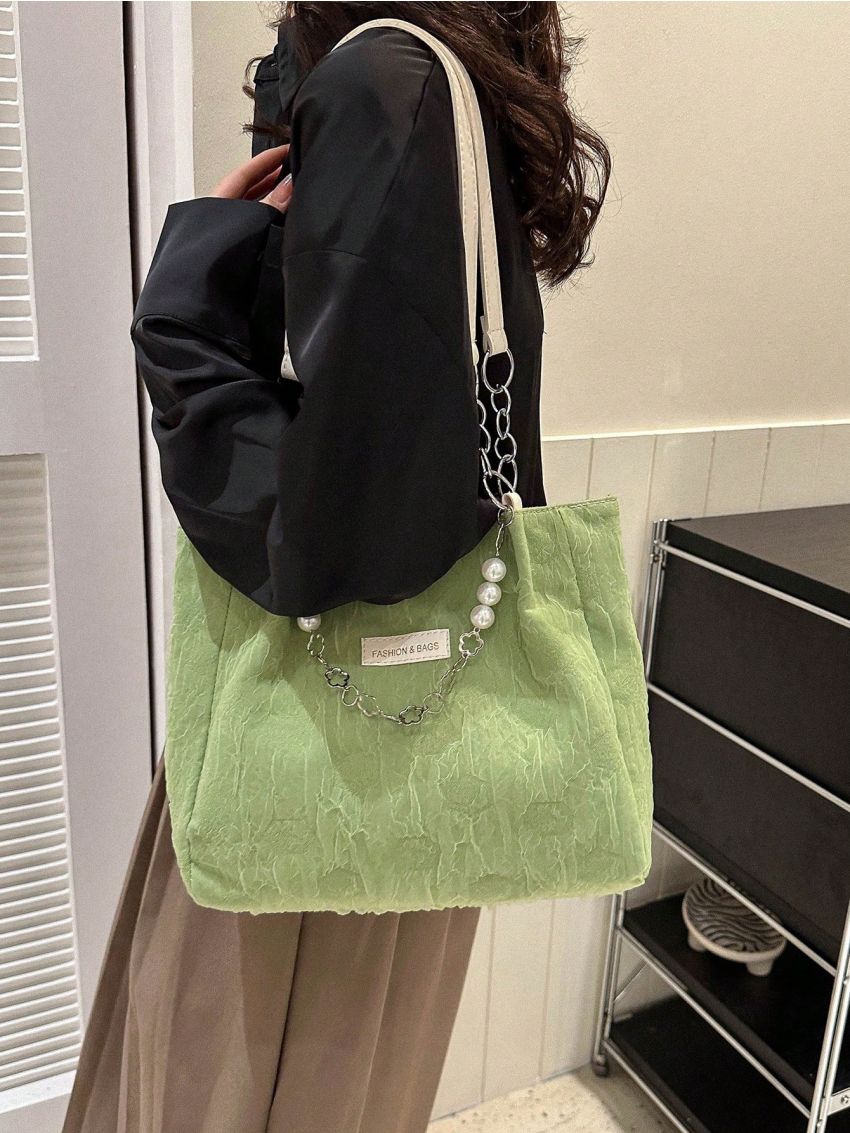 Small Shoulder Tote Bag Solid Faux Pearl & Flower Decor Magnet Double Handle