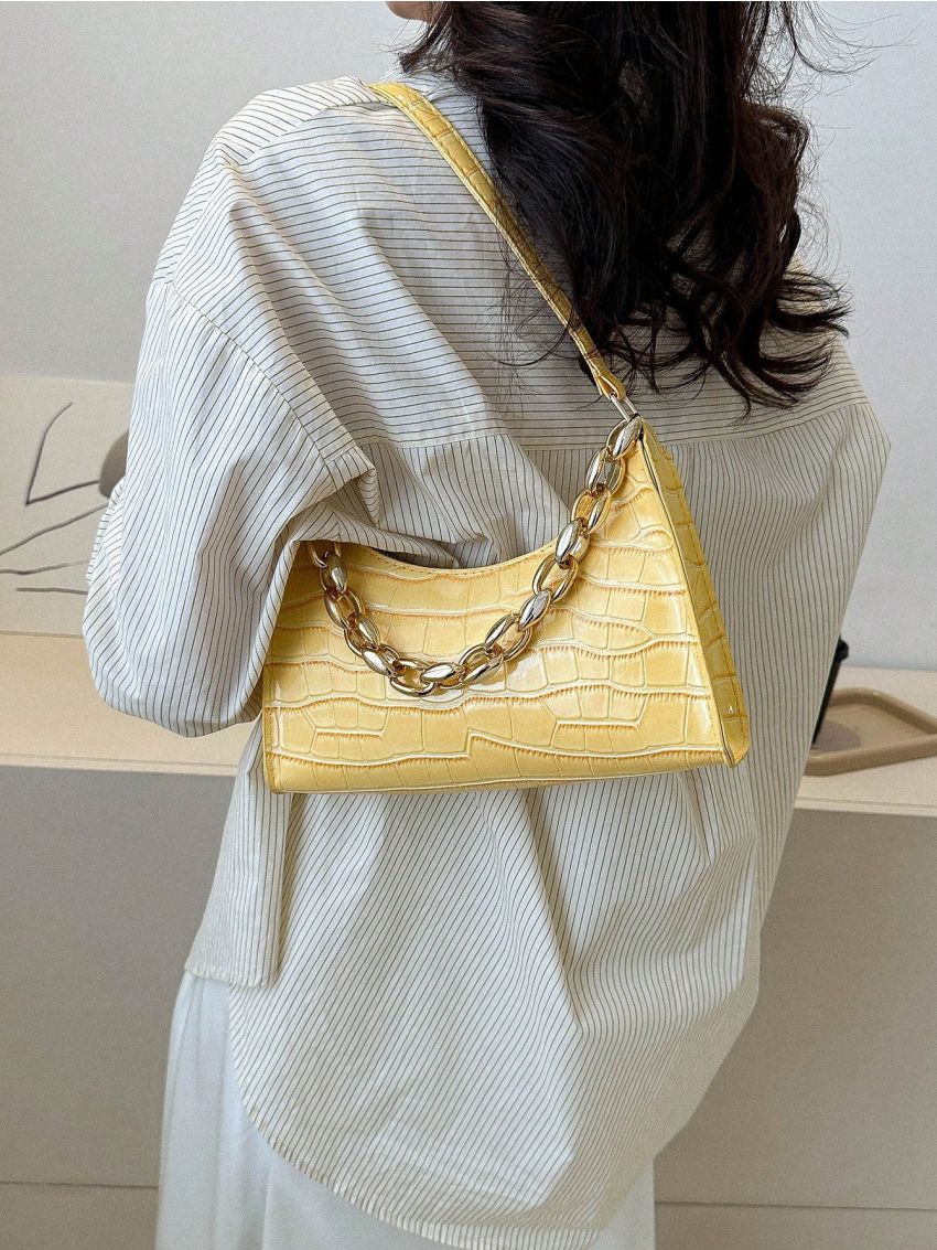 Small Baguette Bag Embossed Detail Chain Strap