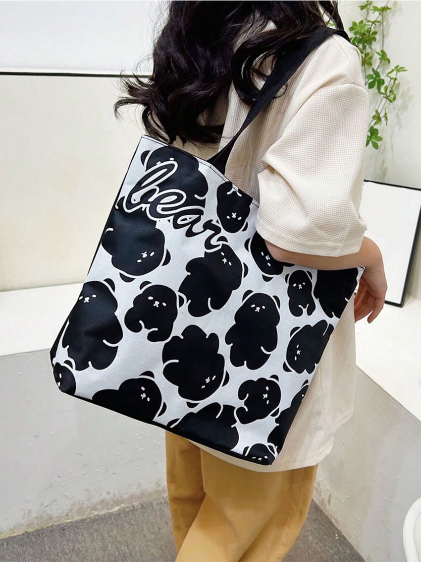 Small Shopper Bag Bear & Letter Graphic Double Handle
