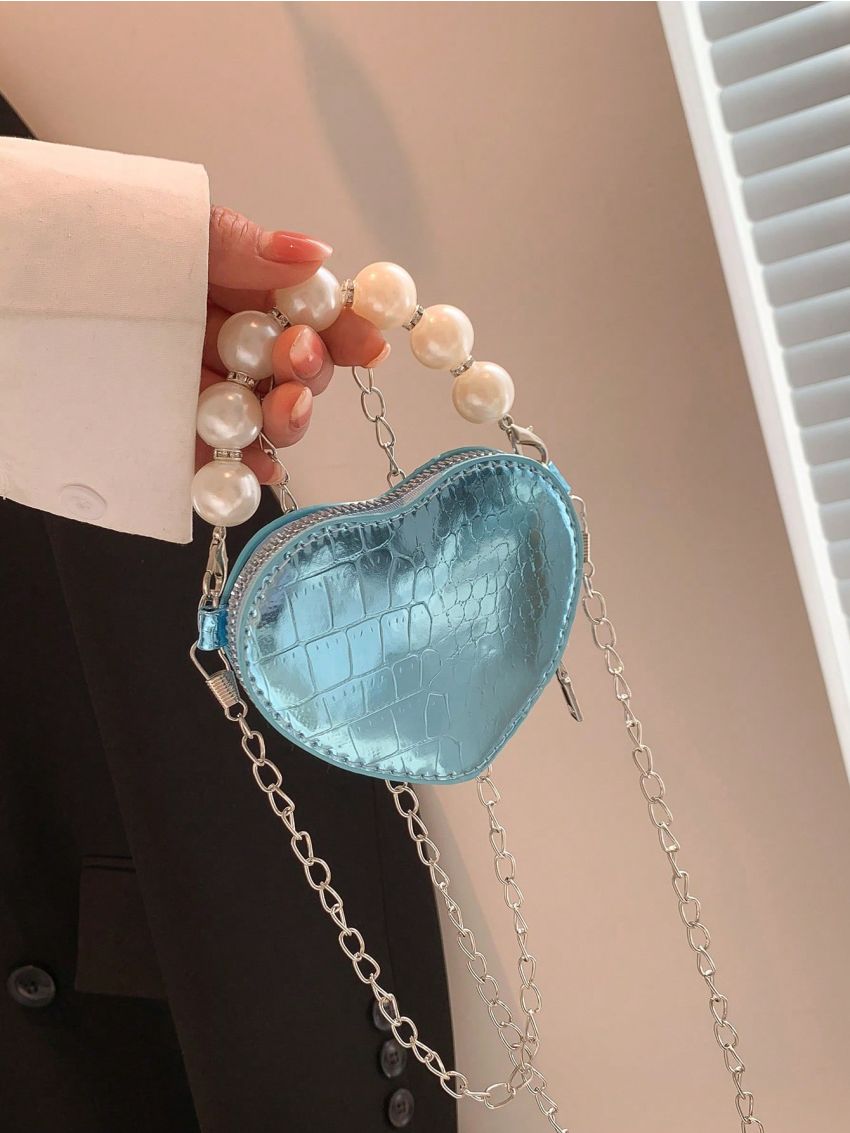 Mini Novelty Bag Crocodile Embossed Heart Design Pearl Decor