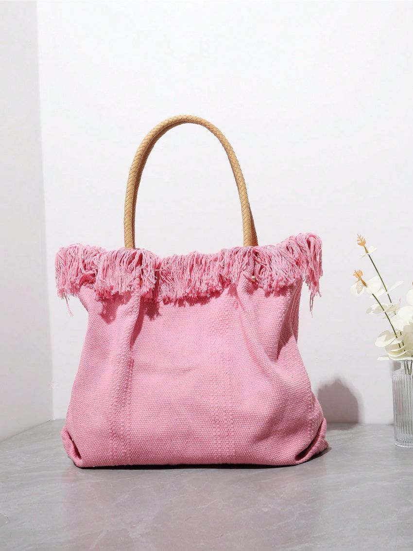 Medium Shopper Bag Letter Embroidery Fringe Trim Decor