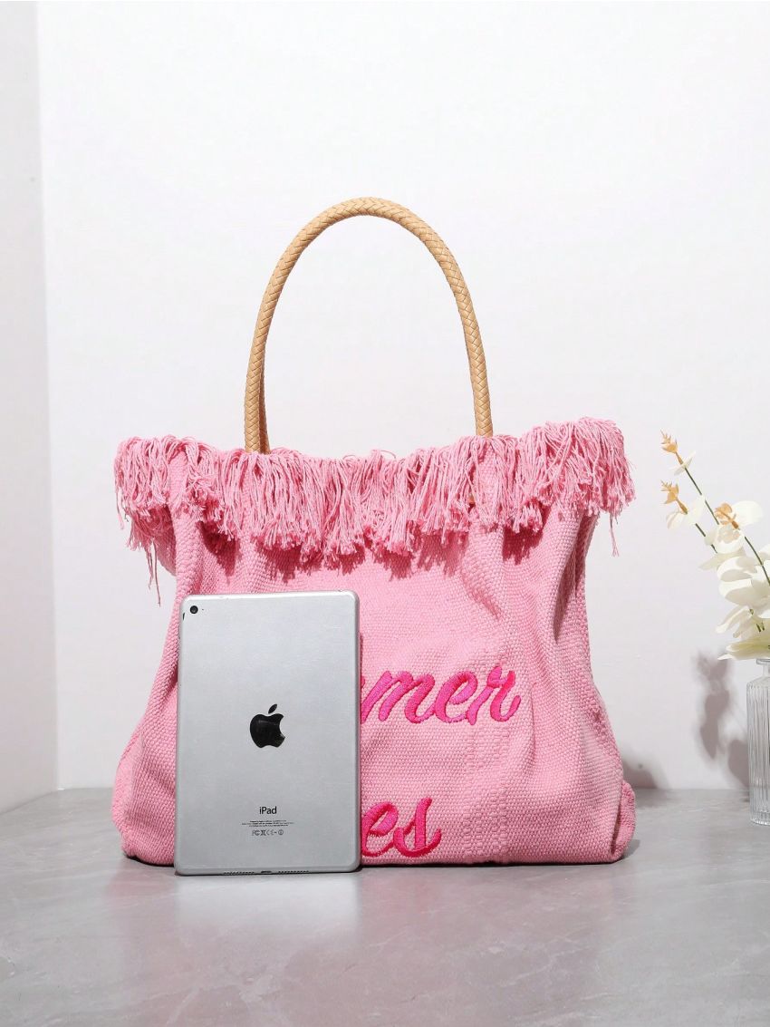 Medium Shopper Bag Letter Embroidery Fringe Trim Decor