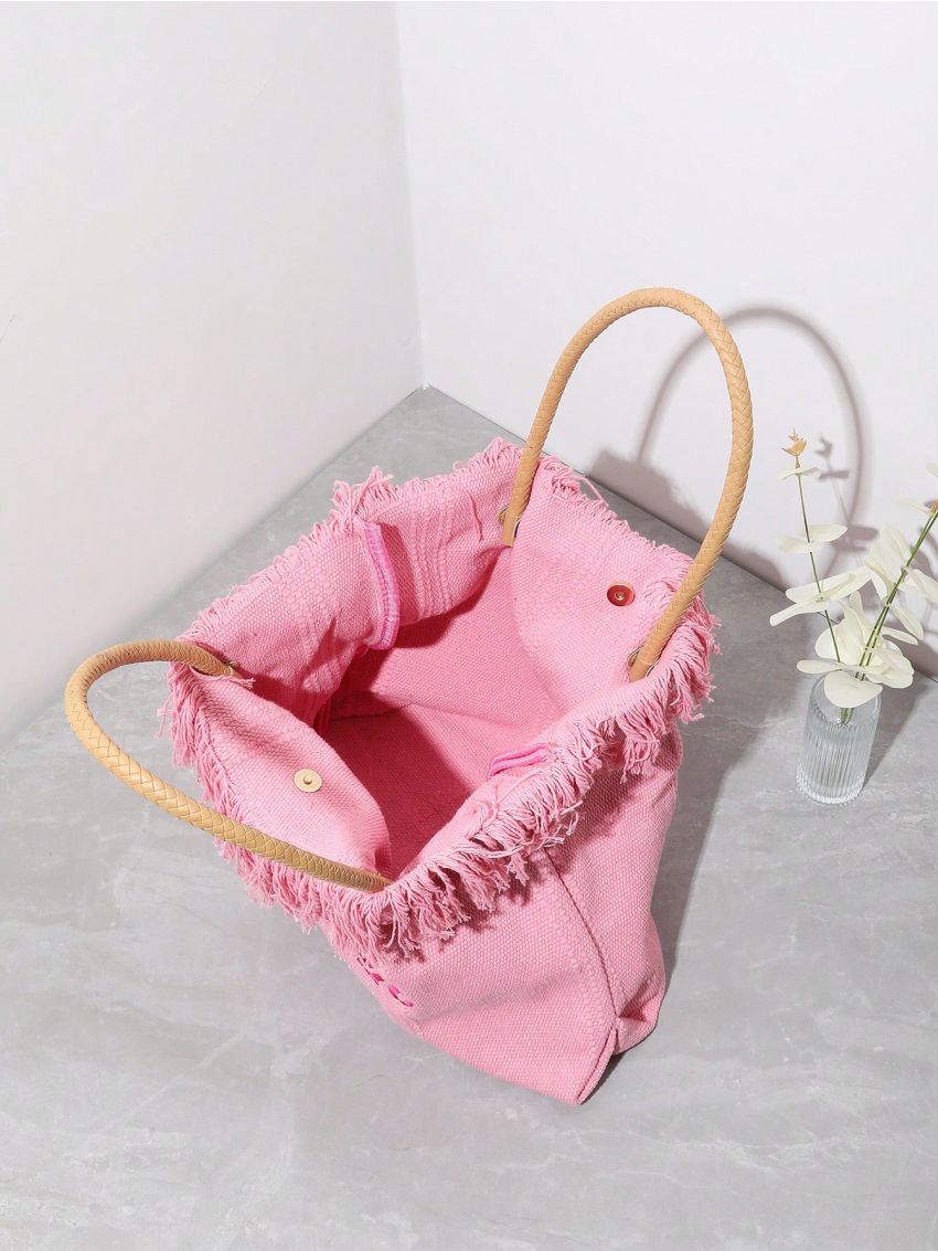 Medium Shopper Bag Letter Embroidery Fringe Trim Decor