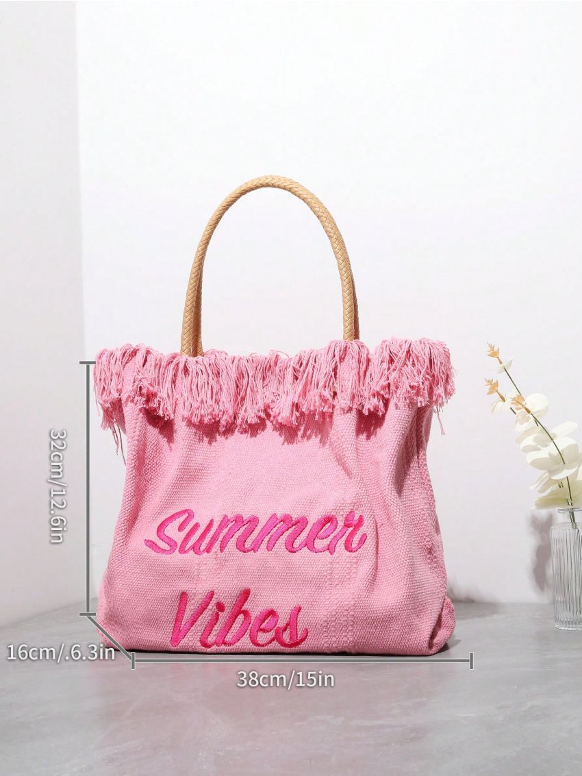 Medium Shopper Bag Letter Embroidery Fringe Trim Decor