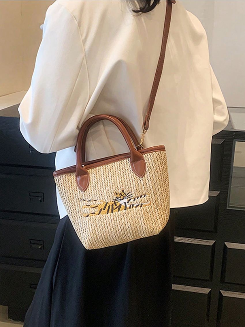 Small Straw Bag Tiger Graphic Contrast Binding