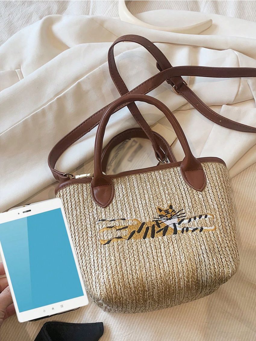 Small Straw Bag Tiger Graphic Contrast Binding