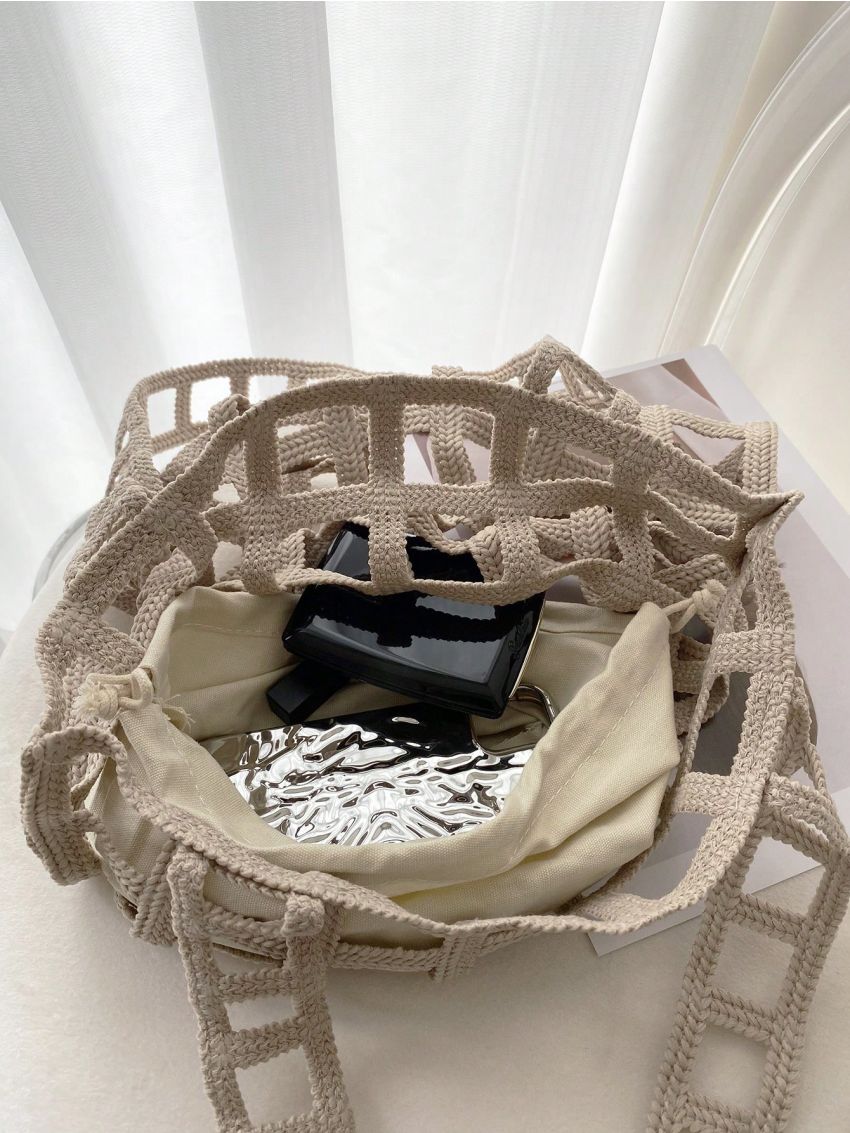 Medium Crochet Bag Brown Double Handle With Inner Pouch Beach Bag