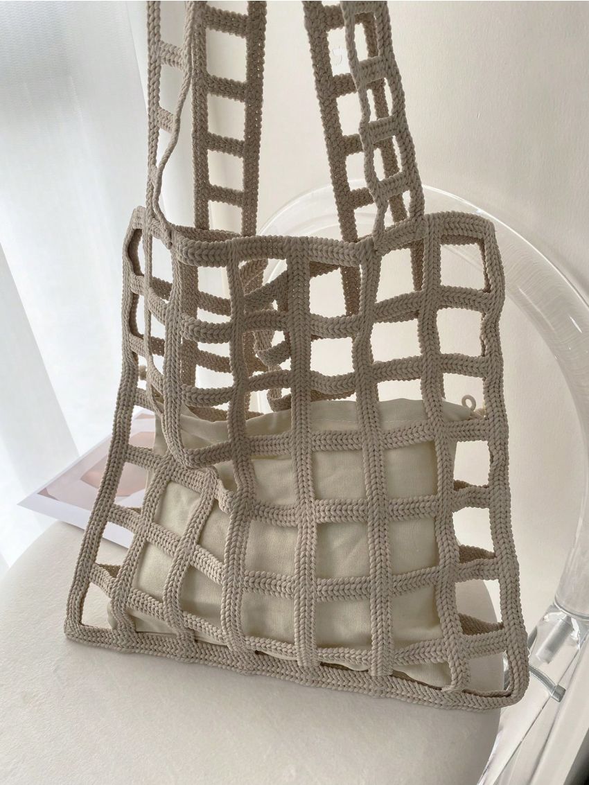 Medium Crochet Bag Brown Double Handle With Inner Pouch Beach Bag