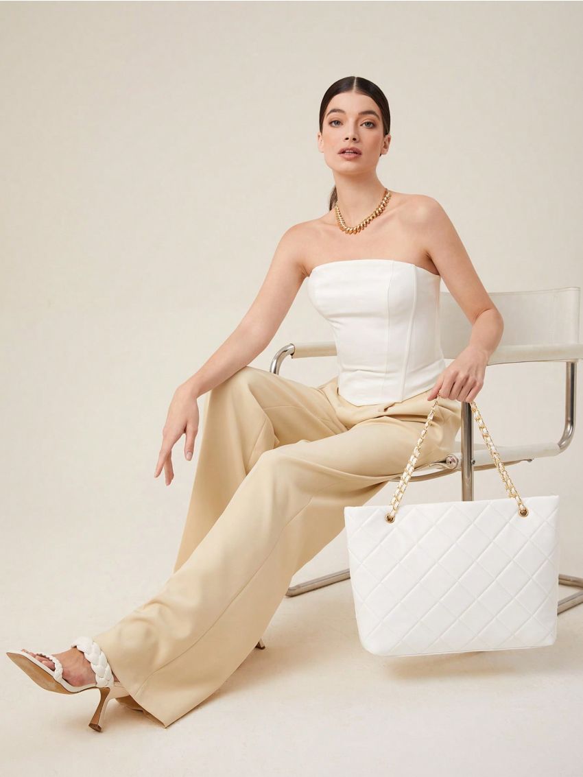 Quilted Tote Bag Chain Black Shoulder Tote Bag for Work & Office