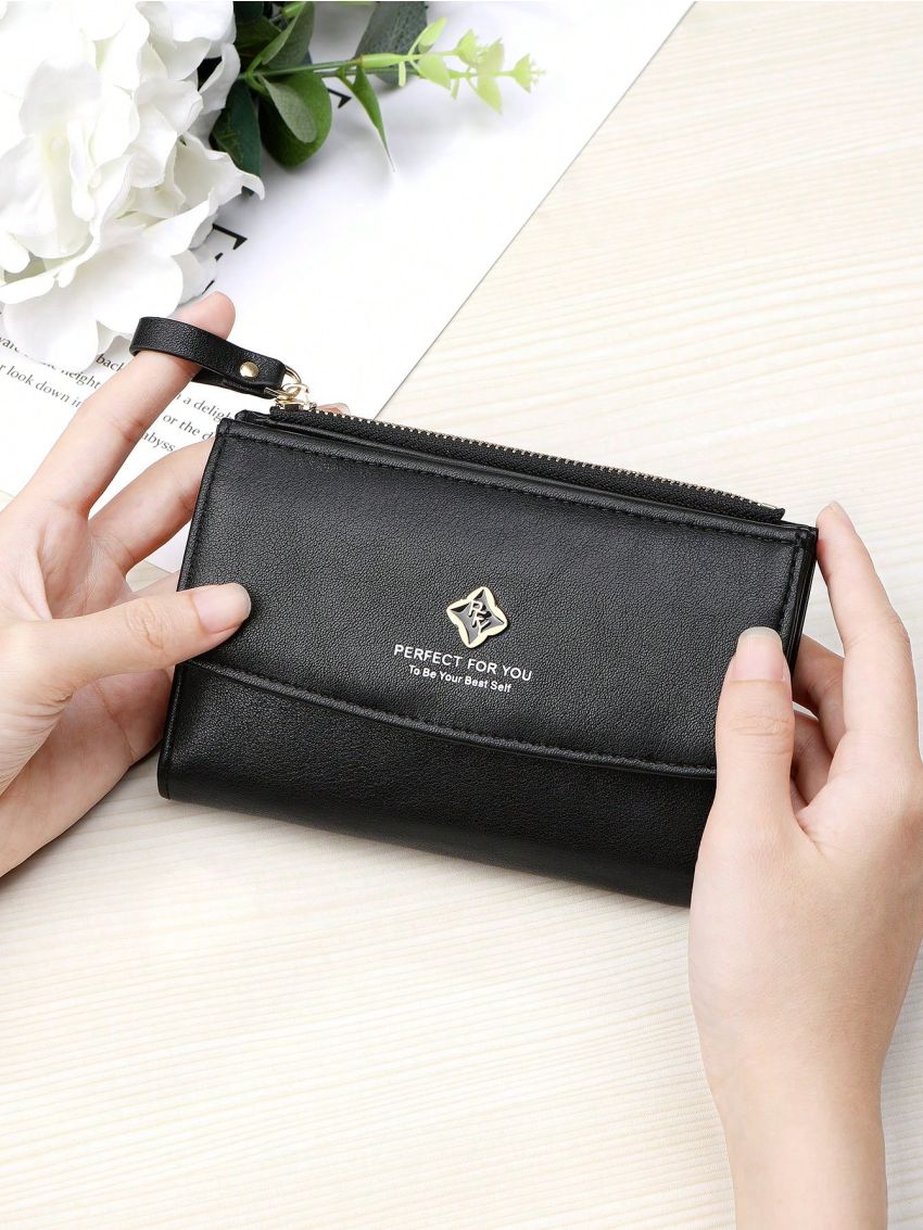 New Women PU Wallet Snap Button PU Wallet With Card Slots & Zipper Pocket