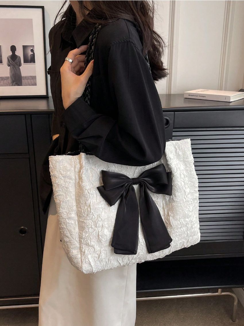 Bow Decor Shoulder Tote Bag Textured Braided Detail Double Handle With Zipper Polyester