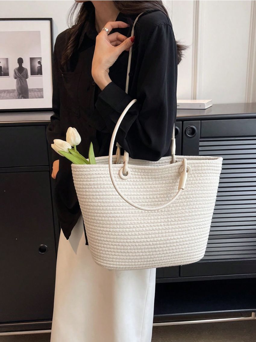 Medium Straw Bag Double Handle Vacation Style