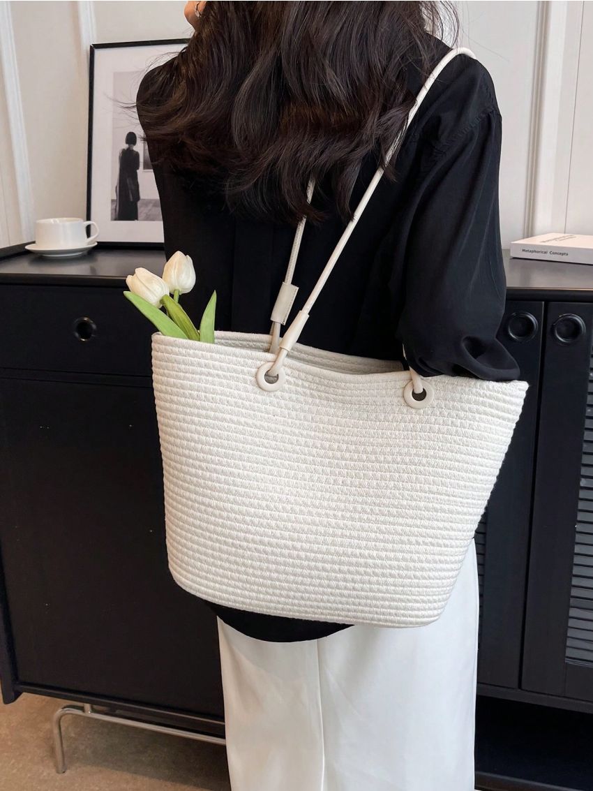 Medium Straw Bag Double Handle Vacation Style