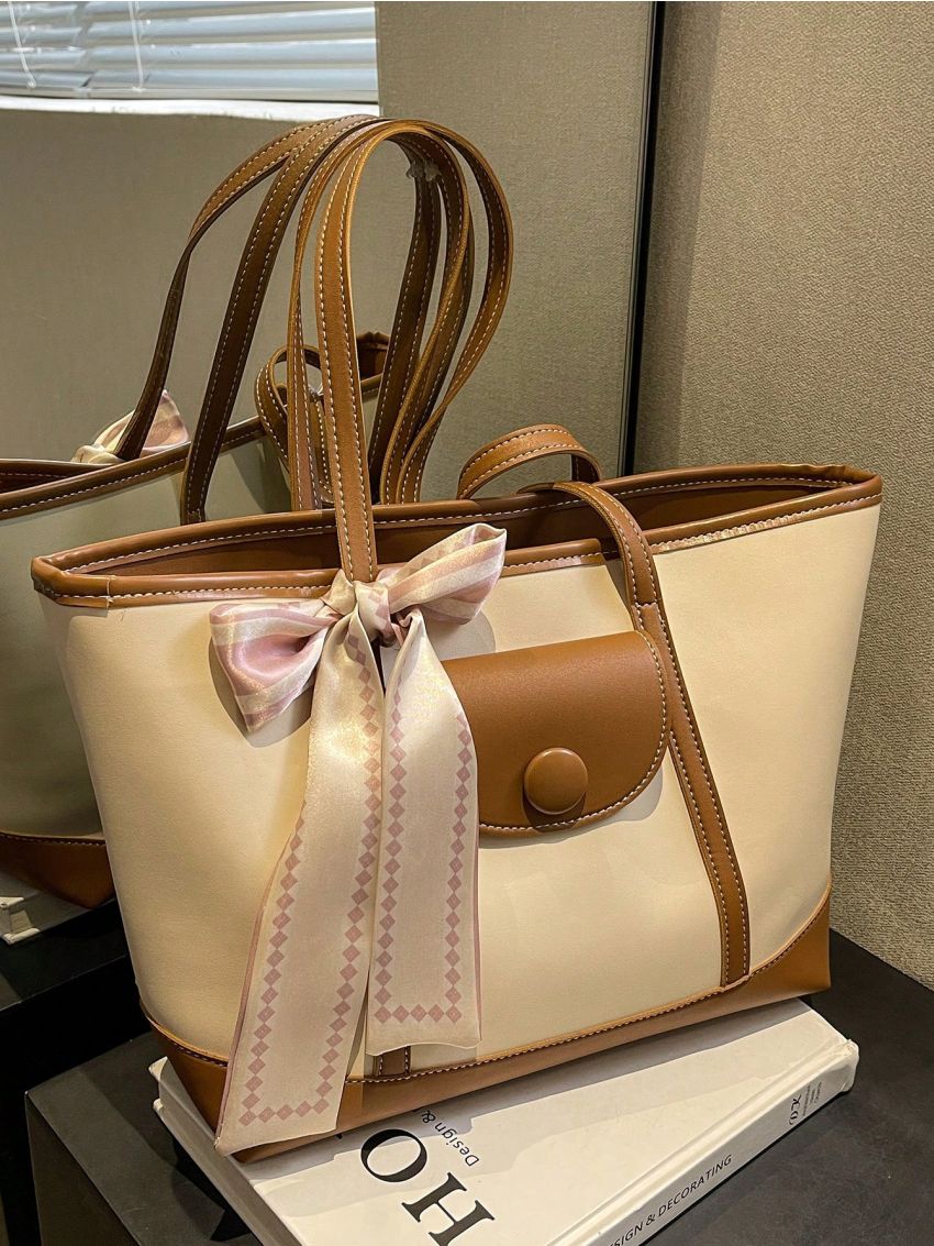 Medium Tote Bag Twilly Scarf Decor Double Handle Two Tone