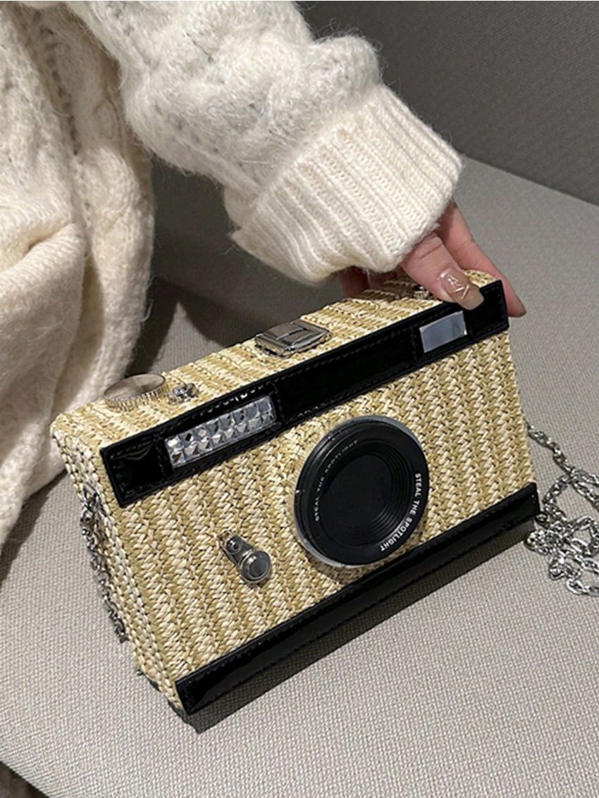 Mini Straw Bag Chain Strap Camera Design