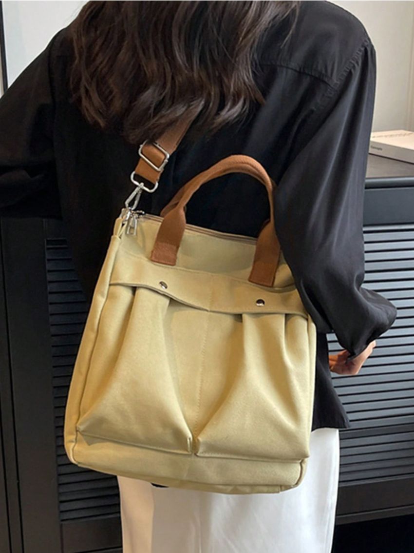 Studded Decor Shopper Bag Double Handle With Zipper Polyester