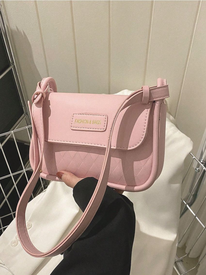 Argyle Embossed Square Bag Letter Patch Decor Flap PU