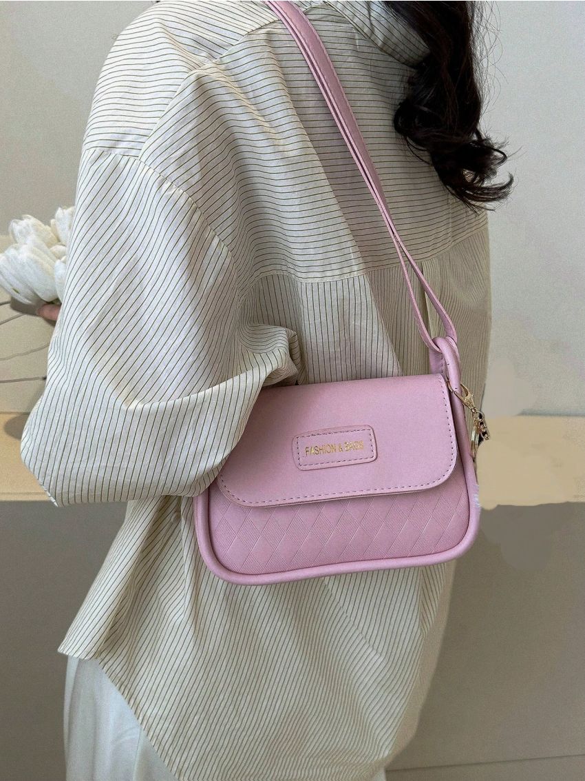 Argyle Embossed Square Bag Letter Patch Decor Flap PU