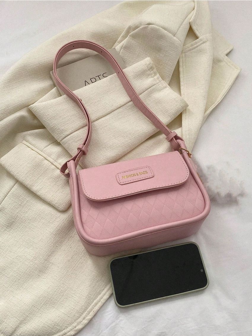 Argyle Embossed Square Bag Letter Patch Decor Flap PU