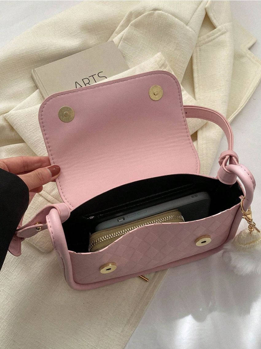 Argyle Embossed Square Bag Letter Patch Decor Flap PU