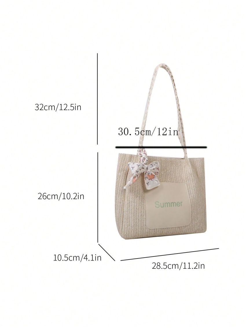 Letter Graphic Straw Bag Twilly Scarf Decor Double Handle With Zipper Vacation