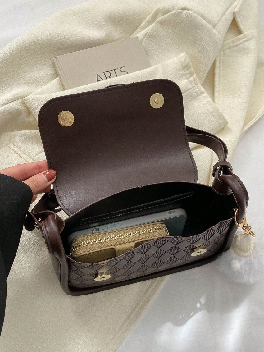 Letter Patch Decor Square Bag Argyle Embossed Flap PU