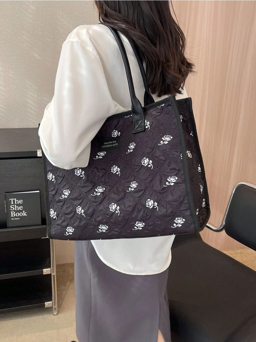 Large Capacity Tote Bag Flower Pattern Letter Patch Decor