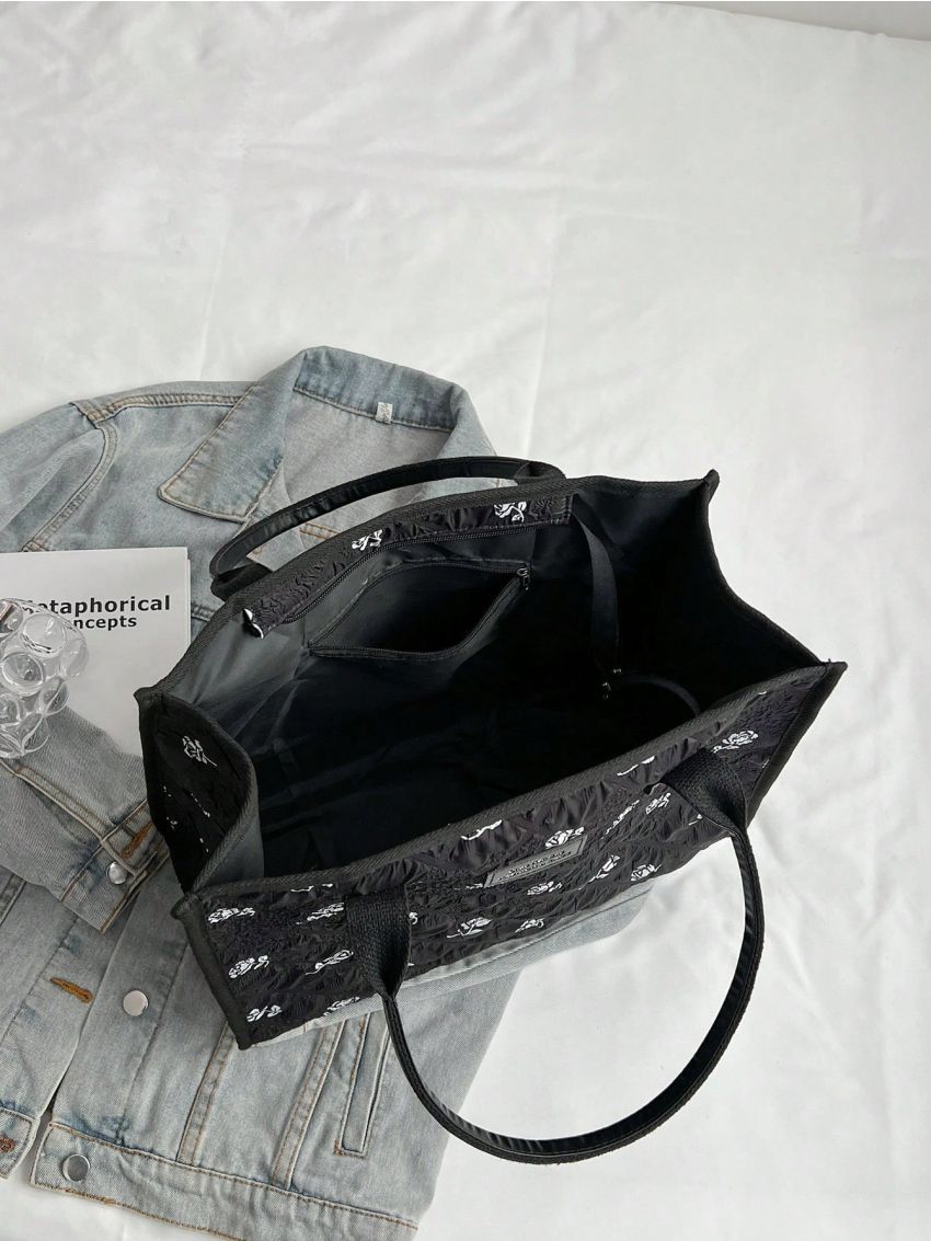 Large Capacity Tote Bag Flower Pattern Letter Patch Decor