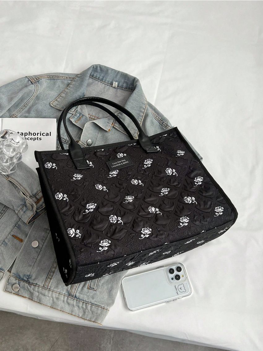 Large Capacity Tote Bag Flower Pattern Letter Patch Decor