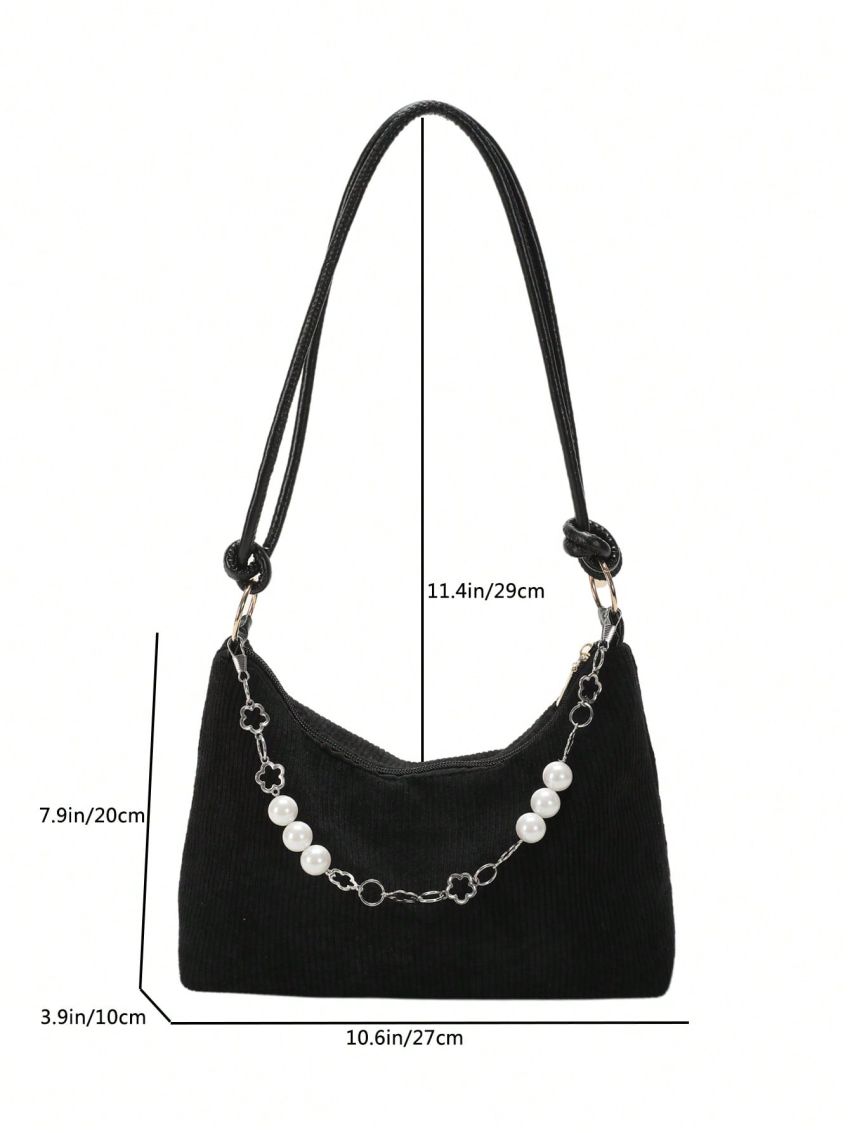 Medium Hobo Bag Solid Color Corduroy Faux Pearl Decor