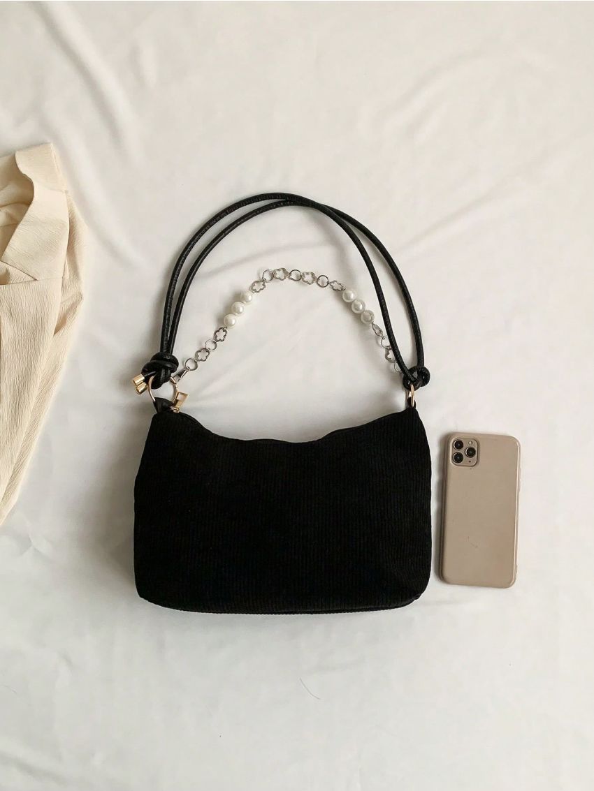 Medium Hobo Bag Solid Color Corduroy Faux Pearl Decor