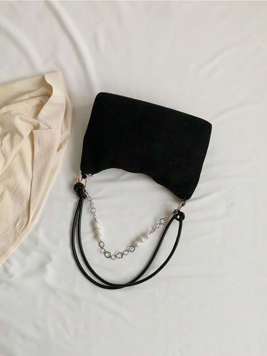 Medium Hobo Bag Solid Color Corduroy Faux Pearl Decor