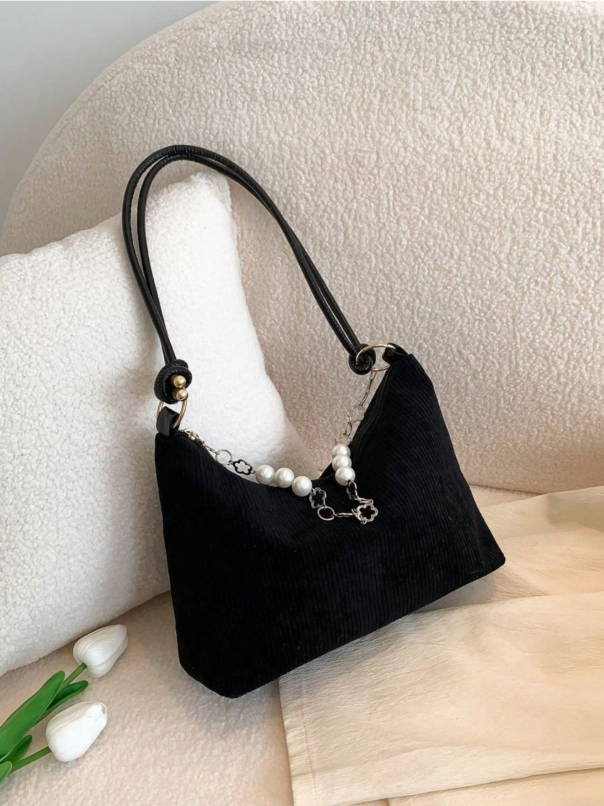 Medium Hobo Bag Solid Color Corduroy Faux Pearl Decor