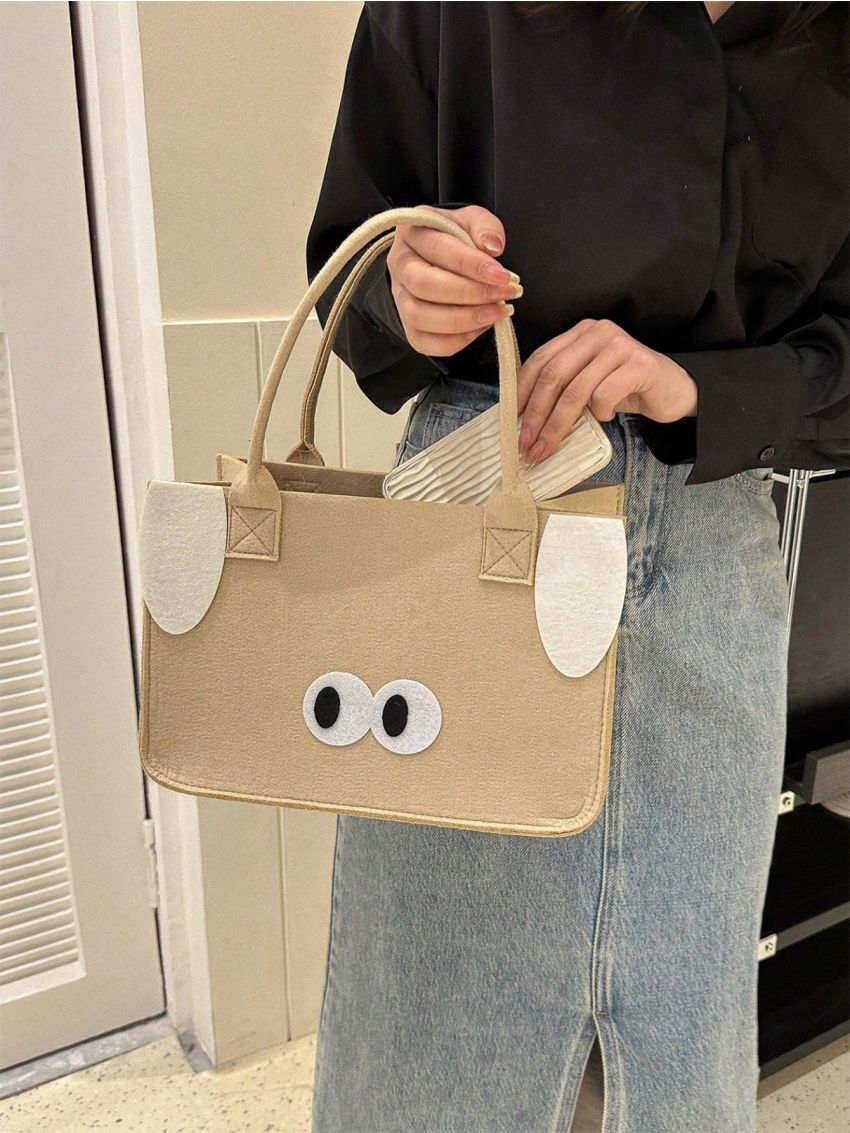 Double Handle Square Bag Cartoon Eye & Ear Decor PU