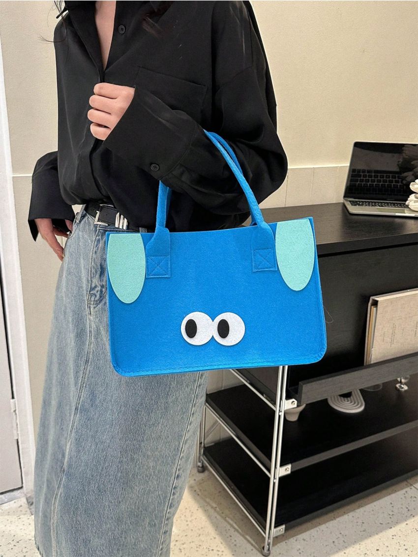 Blue Square Bag Eye & Ear Decor Double Handle PU