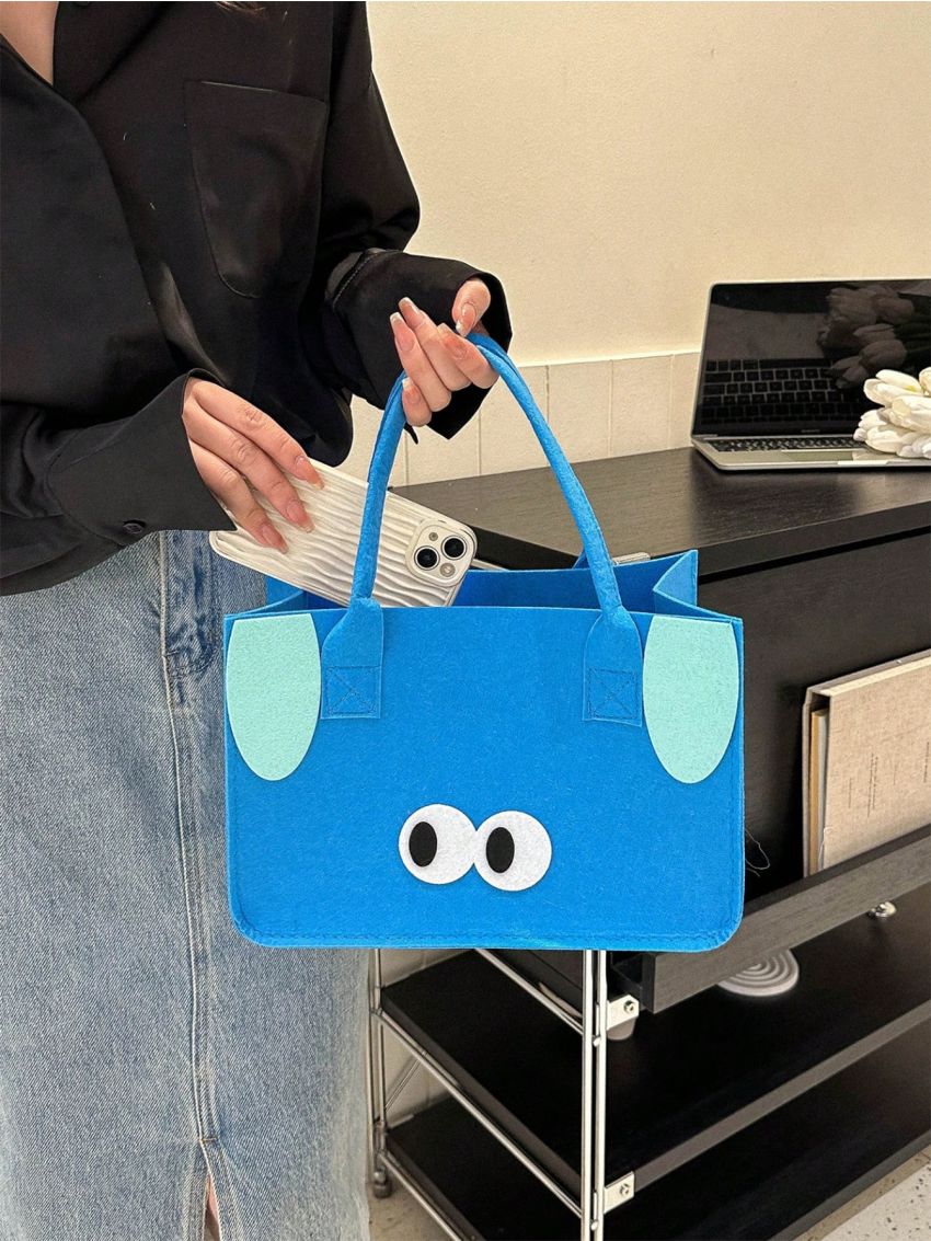 Blue Square Bag Eye & Ear Decor Double Handle PU