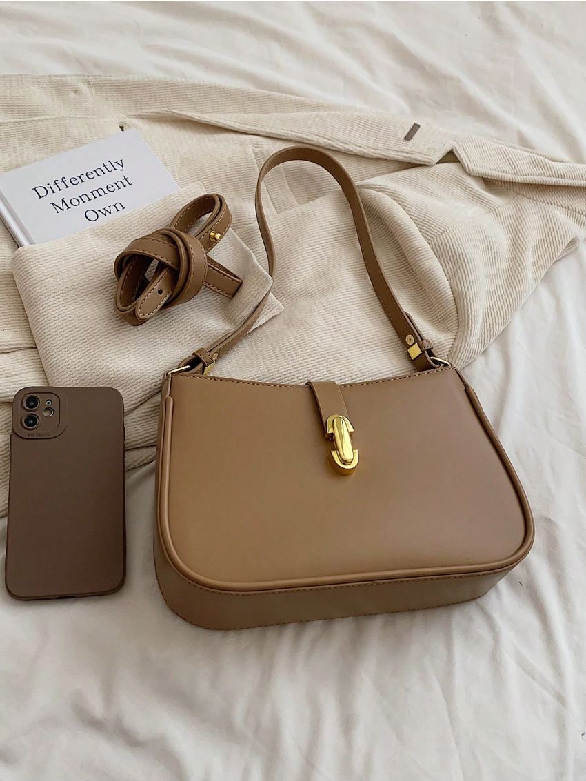 Metal Decor Hobo Bag PU Brown