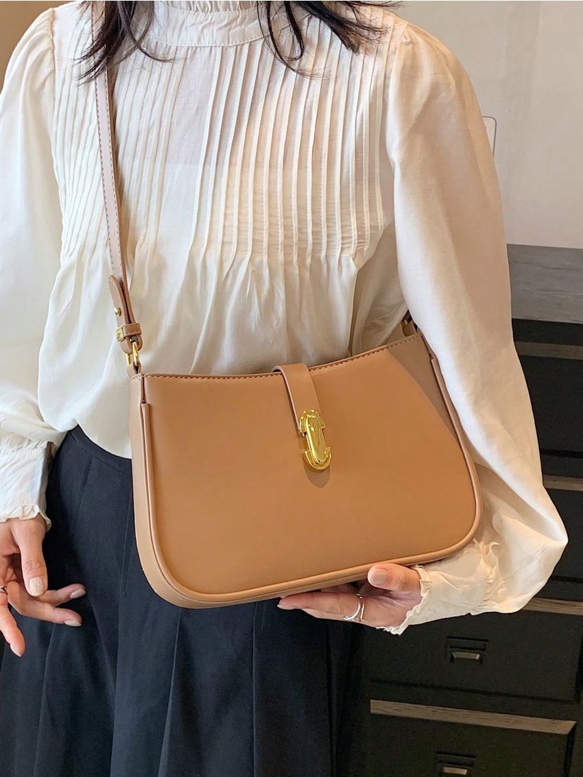 Metal Decor Hobo Bag PU Brown