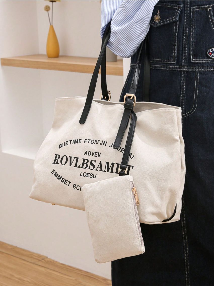 Small Shopper Bag Letter Print With Small Pouch