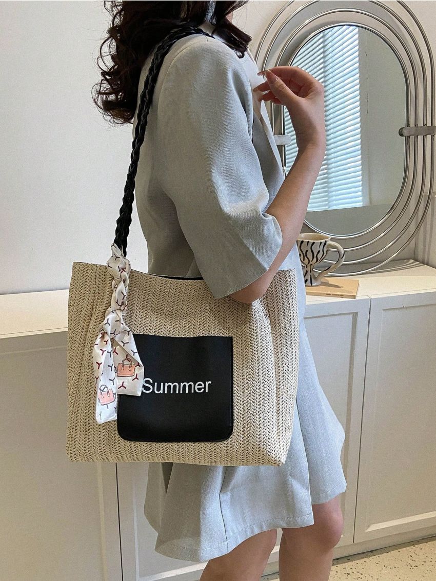 Letter Graphic Straw Bag Twilly Scarf Decor Braided Detail Double Handle Vacation