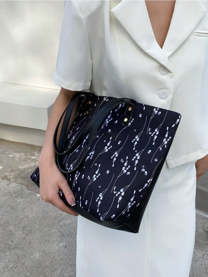 Flower Graphic Shoulder Tote Bag Small Double Handle