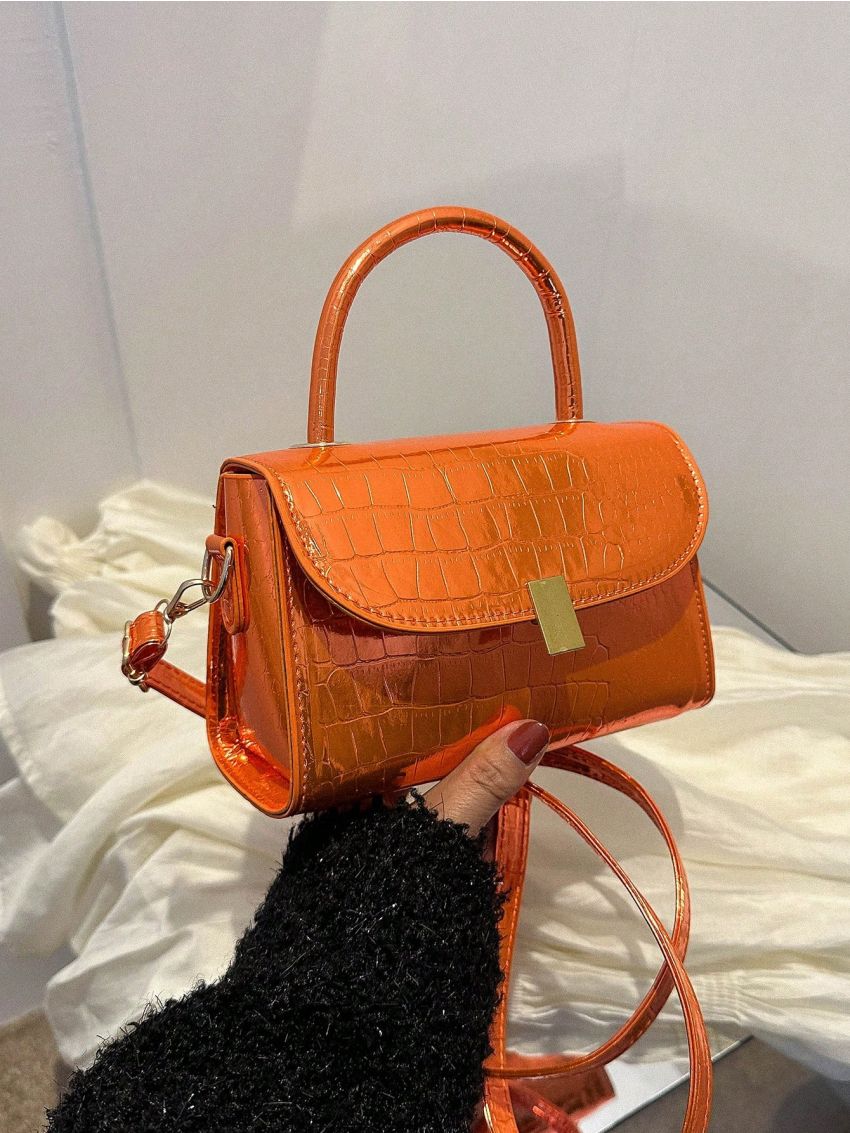 Mini Square Bag Crocodile Embossed Flap Top Handle