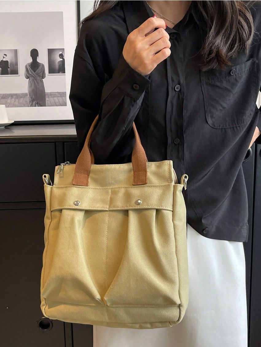 Studded Decor Shopper Bag Double Handle With Zipper Canvas