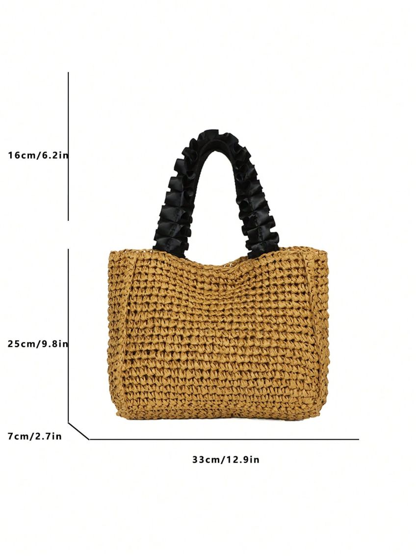 Minimalist Straw Bag Medium Ruched Handle Vacation