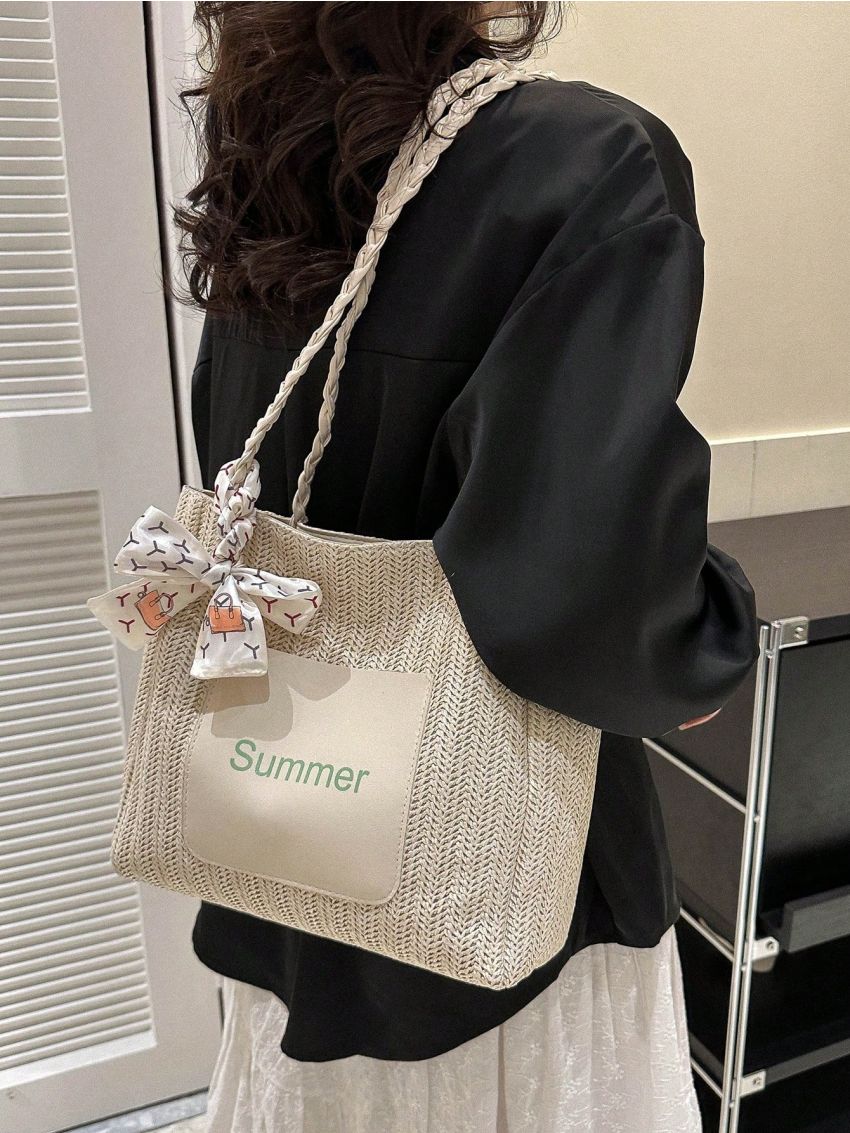 Letter Graphic Straw Bag Medium Twilly Scarf Decor Vacation